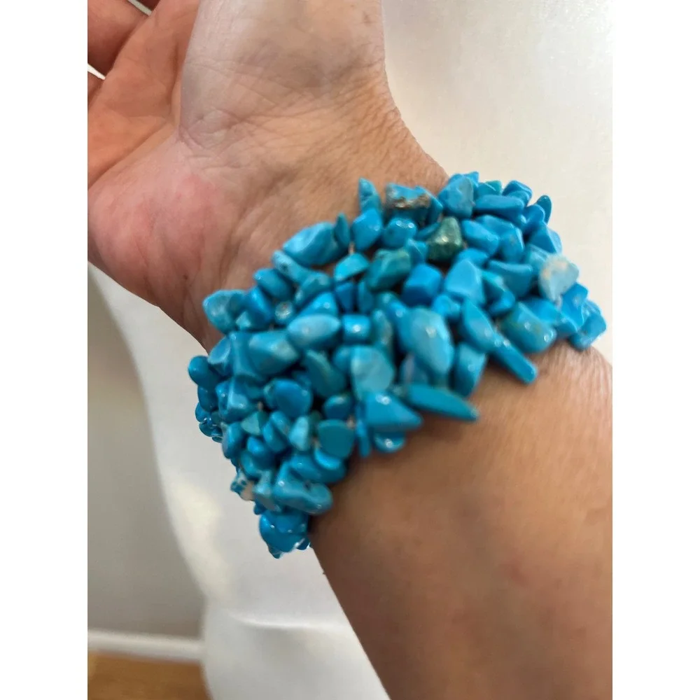 Turquoise Chip Stone Stretch Bracelet Wide Multi Strand Boho Statement Cuff